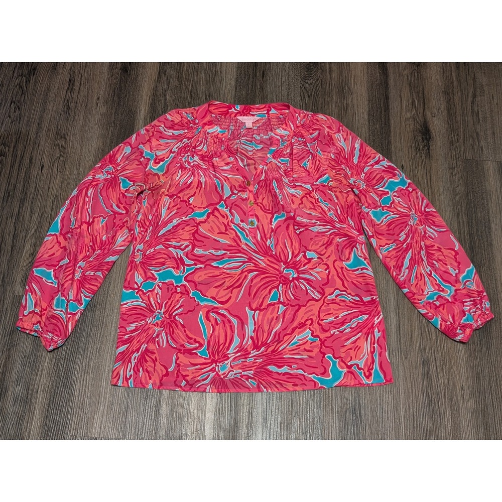 Lilly Pulitzer Floral Elsa Silk Blouse Smocked Neck‎ Long Sleeve Pink Top Size S